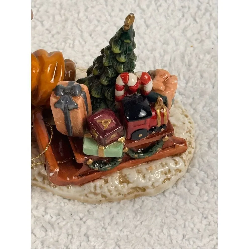 Christmas Teddy Bear Pulling Sled Porcelain Figure